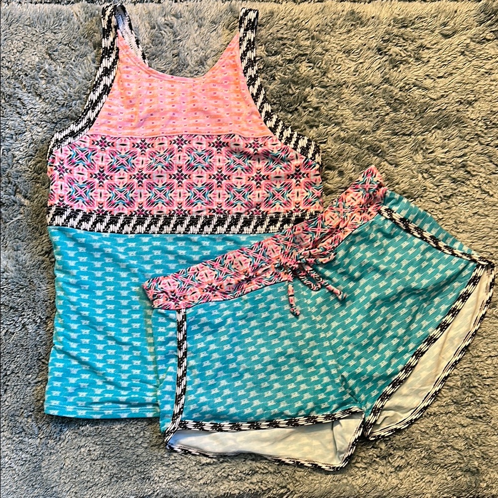 Athleta Girl Cannonball Swim Shorts and Tankini. Blue/Pink Design. Size XL 14